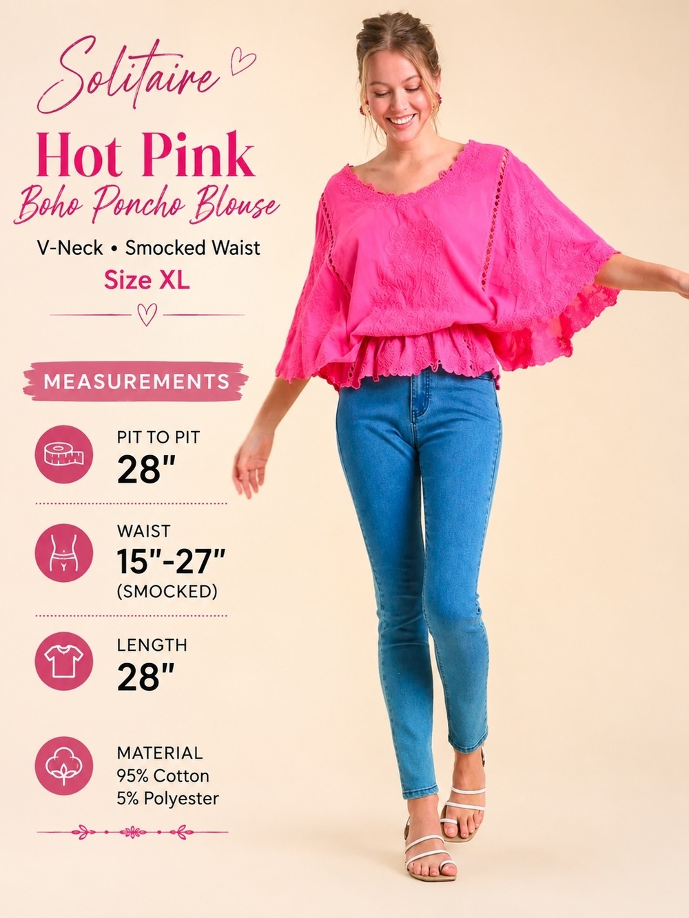 Solitaire Hot Pink Boho Poncho Blouse Floral V-Neck XL